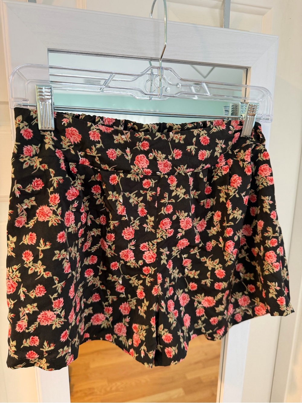 Black Floral Shorts with Pink & Red Rose Print